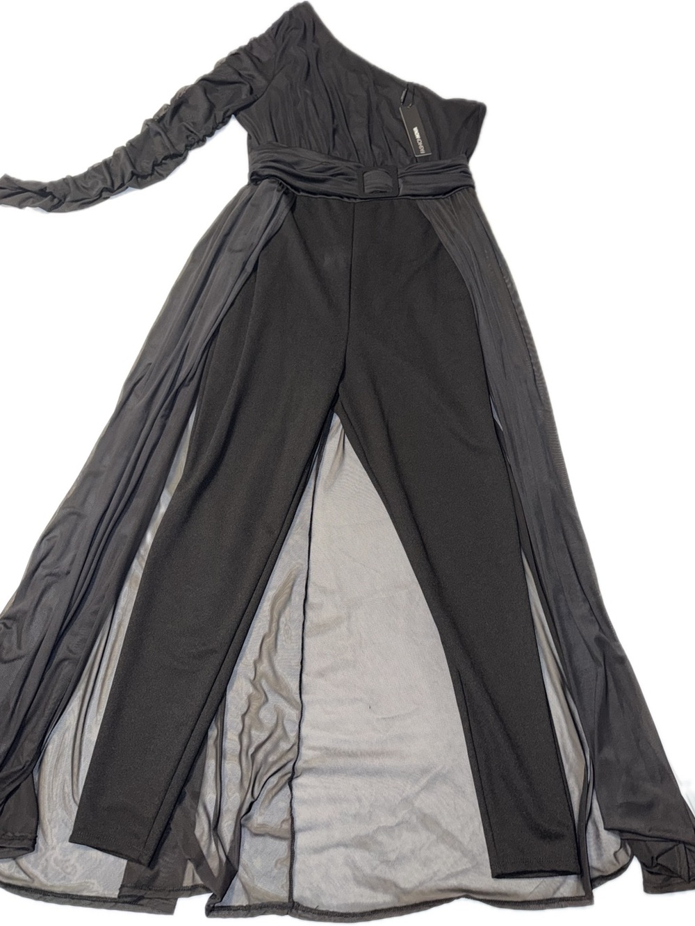 Fashion Nova Black One-Shoulder Jumpsuit with Sheer Draped Skirt